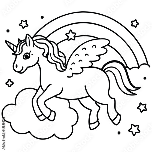 a magical unicorn with sparkly wings flying over a rainbow