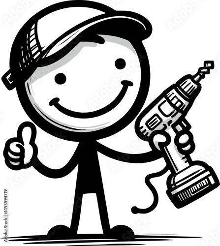 Happy Handyman Cartoon: Stick Figure with Drill