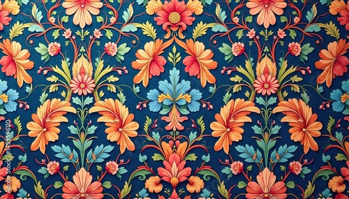 Intricate floral damask wallpaper, repeating motif, style, vector, art