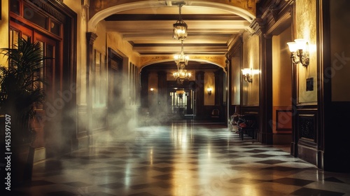 Long, opulent hallway with shadowy mist.