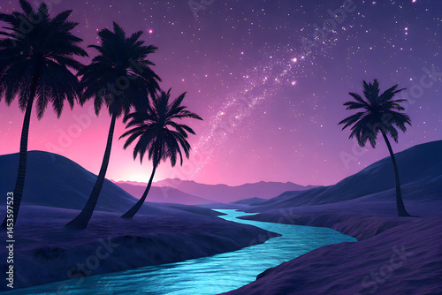 dreamlike night landscape with palm trees and gradient sky