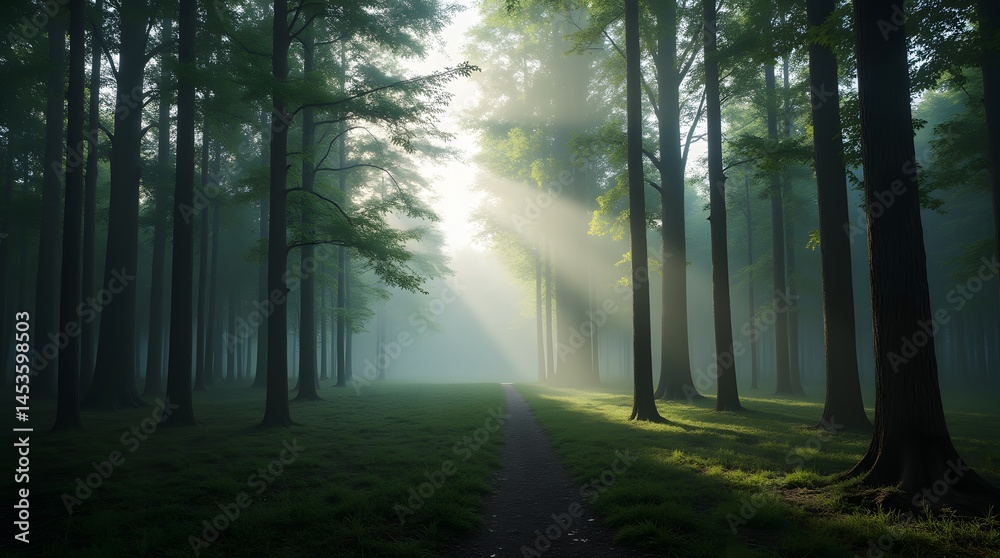 Naklejka premium Sunbeams pierce the misty forest, illuminating a tranquil path winding through tall trees, creating an ethereal and serene atmosphere.