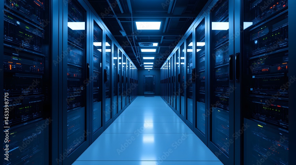 Deep Blue Server Hallway Rows Of Servers In Modern Data Center Illuminated By Cool Blue Lighting Creating AStriking Visual Deep Blue Server Hallway Rows Of Servers In Modern Data Center Illuminated By Cool Blue Lighting Creating AStriking Visual