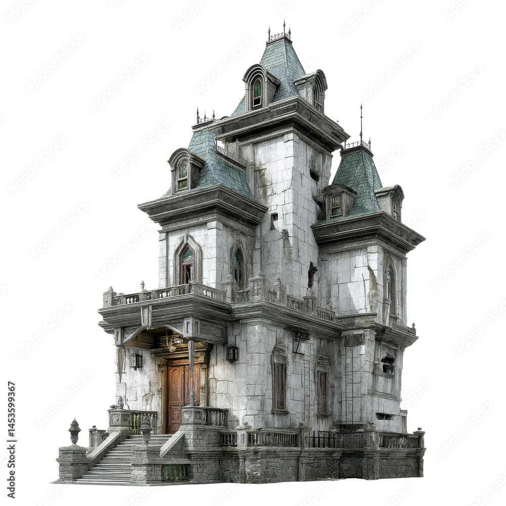 Obraz premium A Majestic Distressed Mansion Architectural Details of an Old Stone House