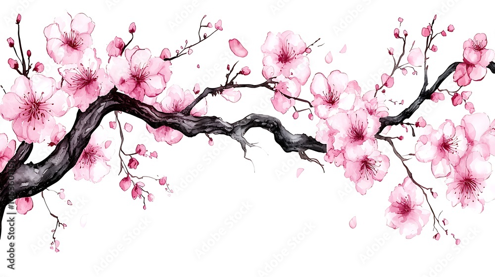 Fototapeta premium Botanical watercolor floral art with cherry blossoms nature scene soft colors artistic view