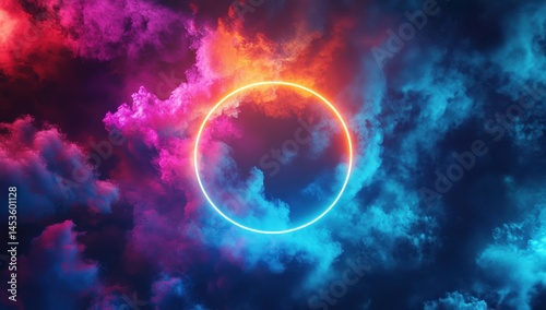 Abstract Background with Neon Circle Frame and Smoke Clouds in Pink Orange and Blue Colors for Modern Graphic Design