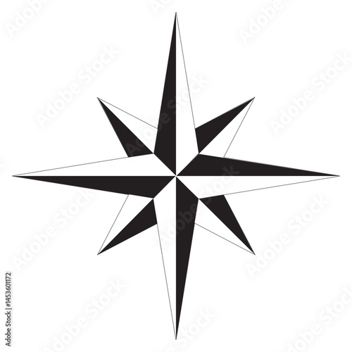 Compass rose, showing the four cardinal directions North, East, South and West, the four intercardinal directions, and eight more divisions. Also known as wind rose, rose of the winds or compass star