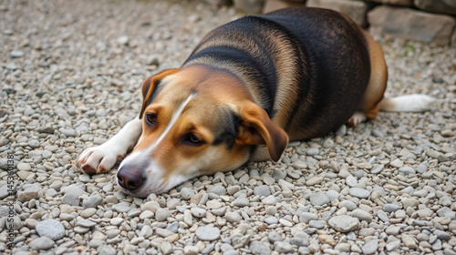 Outbred dog sadly lies on the stones of gravel