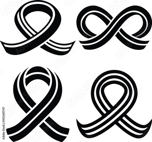 Set of black ribbon illustrations for mourning and awareness support symbolic designs elegant ribbon vectors for condolences and solidarity