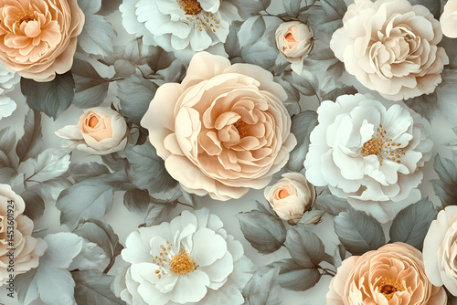 Close-up of various roses in shades of peach and white with leafy background.