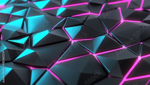 Abstract Geometric Polygon Background with Gray Triangles and Neon Blue Pink Glow Seamless Triangular Pattern Backdrop Futuristic Wallpaper Design