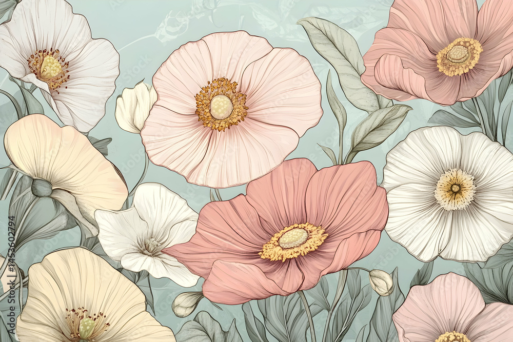 Pastel colored flowers and leaves against a light blue background. Pastel colored flowers and leaves against a light blue background.