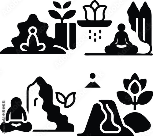Meditation and nature glyph icons set for wellness concepts spiritual growth and zen practices