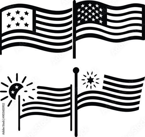 American flag vector icons set in black and white