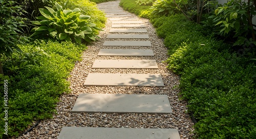 Garden walkway composed of rectangular stepping stones and small grey stones, flanked by vibrant green growth.