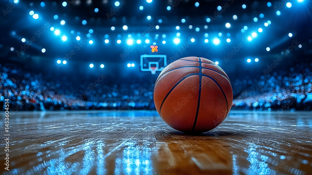 Obraz premium A basketball lying on a polished court with Blurred Stadium Background During a Game