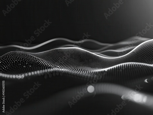 Abstract Wavy Particle Streams on Dark Background in Monochrome with Dynamic Motion and Futuristic Light Effects