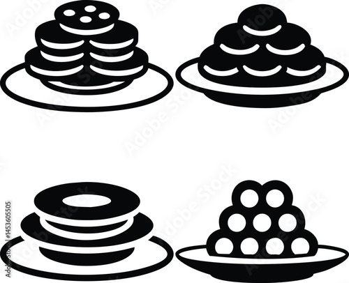 Various sweet desserts on plates black and white graphic silhouette illustration featuring pancakes round balls donut and a pyramidal ball arrangement on white background