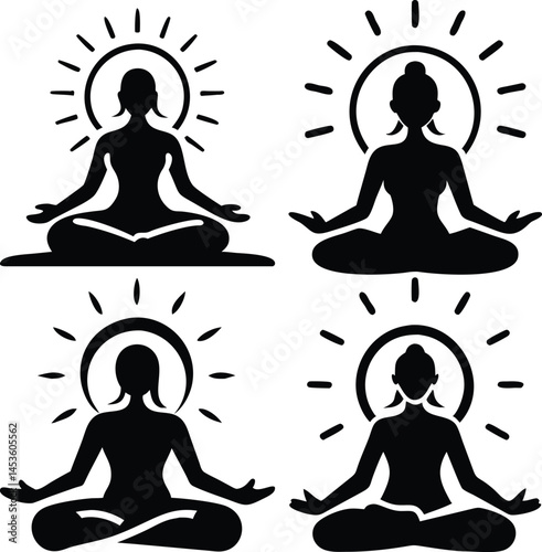 Set of meditating women silhouettes with halo in lotus pose calmness serenity spiritual practice relaxation and mindfulness symbols for yoga studios wellness centers or holistic health practitioners