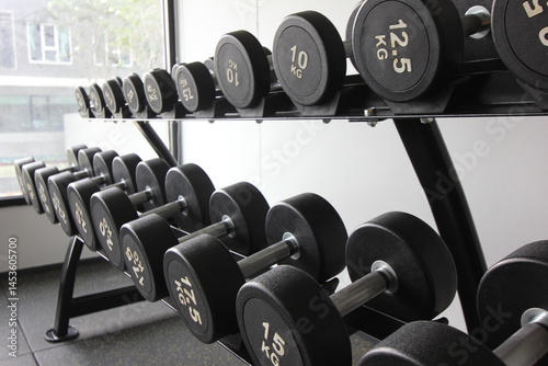 a rack of black dumbbells of varying weights in a gym setting
