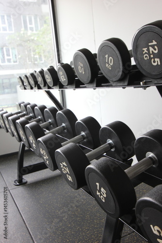 a rack of black dumbbells of varying weights in a gym setting