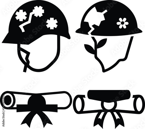 Symbols of war and peace graduation achievements black and white icons