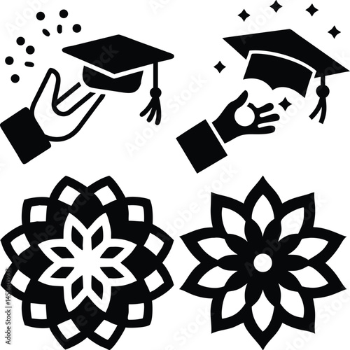 Graduation cap celebration hands and floral motifs black silhouettes