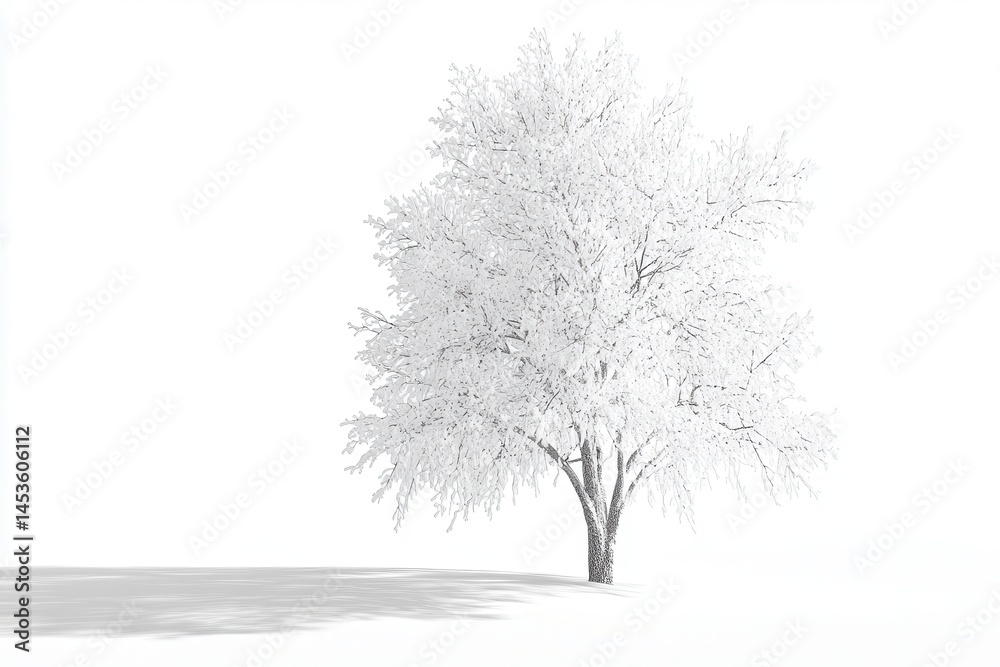 Obraz premium A solitary, snow-covered tree stands in a vast white landscape under a clear sky
