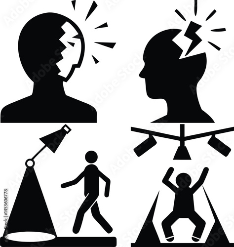 Mental health and pressure pictogram set black vector illustration