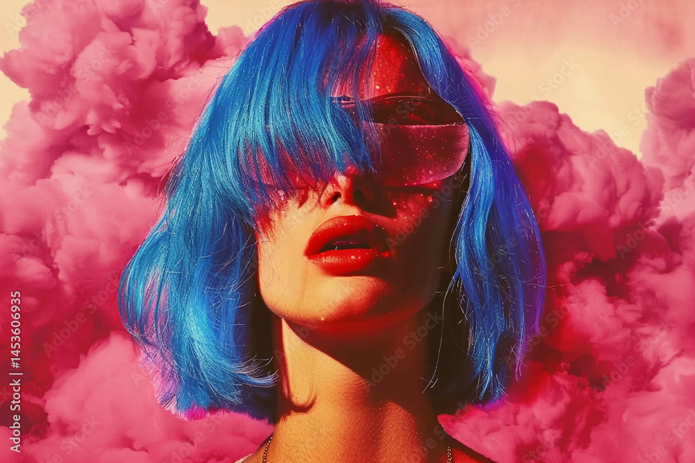 Fototapeta premium Vibrant Pink Haze: A Bold Portrait of a Woman with Blue Hair