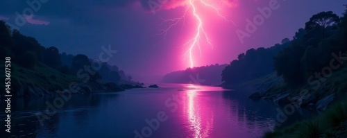 River water illuminated by dramatic lightning strike, bolts, powerful