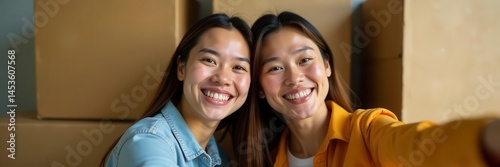 Selfie mirroring happy faces, unpacked moving boxes, interracial relationship, home