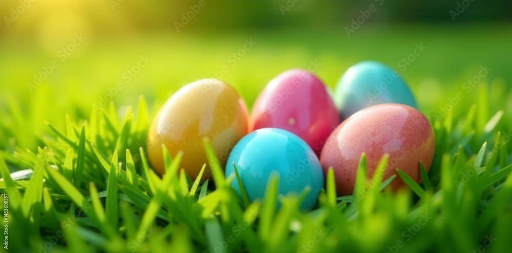 Close-up of colorful eggs nestled in bright green grass , speckled, close-up photography Close-up of colorful eggs nestled in bright green grass , speckled, close-up photography