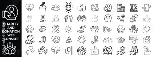 Charity and Donation set of web icons in line style. Volunteering and donation icons for web and mobile app. Help, caring, solidarity, alms, donate, volunteer, care, charity and more. Editable stroke1