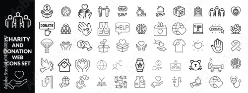 Charity and Donation set of web icons in line style. Volunteering and donation icons for web and mobile app. Help, caring, solidarity, alms, donate, volunteer, care, charity and more. Editable stroke1