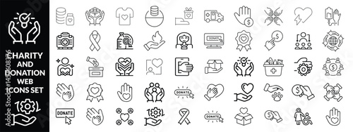 Charity and Donation set of web icons in line style. Volunteering and donation icons for web and mobile app. Help, caring, solidarity, alms, donate, volunteer, care, charity and more. Editable stroke1
