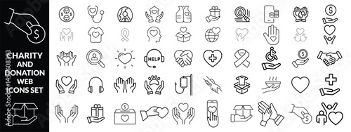Charity and Donation set of web icons in line style. Volunteering and donation icons for web and mobile app. Help, caring, solidarity, alms, donate, volunteer, care, icon Set design 