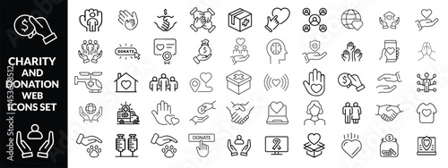 Charity and Donation set of web icons in line style. Volunteering and donation icons for web and mobile app. Help, caring, solidarity, alms, donate, volunteer, care, icon Set design 