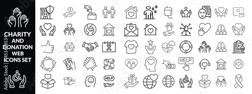 Charity and Donation set of web icons in line style. Volunteering and donation icons for web and mobile app. Help, caring, solidarity, alms, donate, volunteer, care, icon Set design 