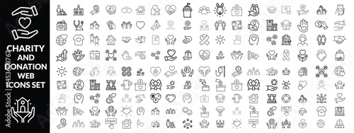 Charity and Donation set of web icons in line style. Volunteering and donation icons for web and mobile app. Help, caring, solidarity, alms, donate, volunteer, care, charity and more. Editable stroke 