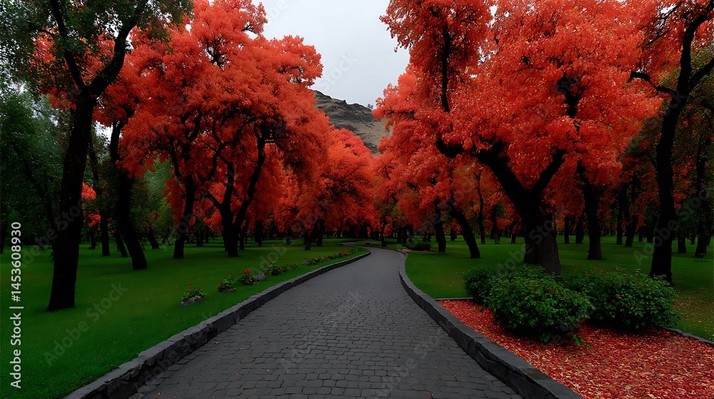 Obraz premium Autumnal Path Vibrant Red Trees with Scenic Park.