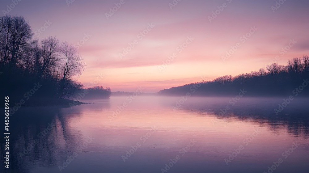 Fototapeta premium A beautiful orange sunrise reflected in the calm river and lake water under the blue morning sky, painting a serene landscape