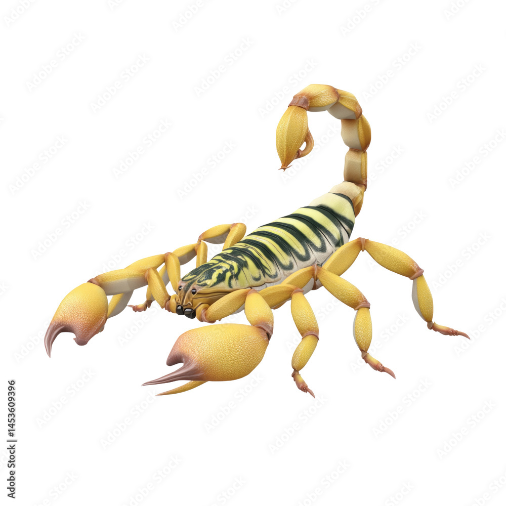 A vibrant scorpion displays its striking yellow and black patterns against a plain white background. Its large pincers and curved tail highlight its distinctive anatomy A vibrant scorpion displays its striking yellow and black patterns against a plain white background. Its large pincers and curved tail highlight its distinctive anatomy