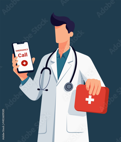 Doctor holding smartphone with emergency call and first aid kit