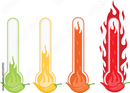 Pepper spice level. Red chili pepper. Mild, spicy, hot, extra hot
