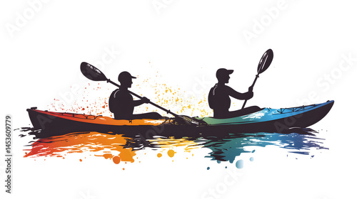 A silhouette of a man enjoys summer kayaking on the river at sunset