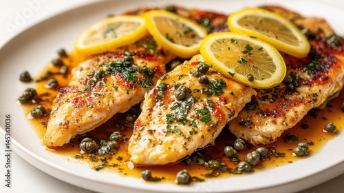 Chicken piccata breast with lemon slices and capers on plate