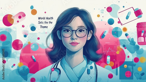 A young woman doctor is depicted, surrounded by medical charts, pills, and abstract shapes, symbolizing global health