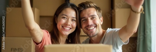 Wallpaper Mural Selfie mirroring happy faces, unpacked moving boxes, house, excited, mixed race Torontodigital.ca