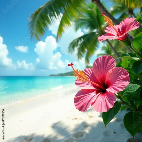Wallpaper Mural Pink hibiscus blooms, lush palms, white sand beach, relaxation, summer Torontodigital.ca